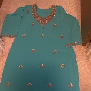 Teal Embroidered Long Sleeve Dress